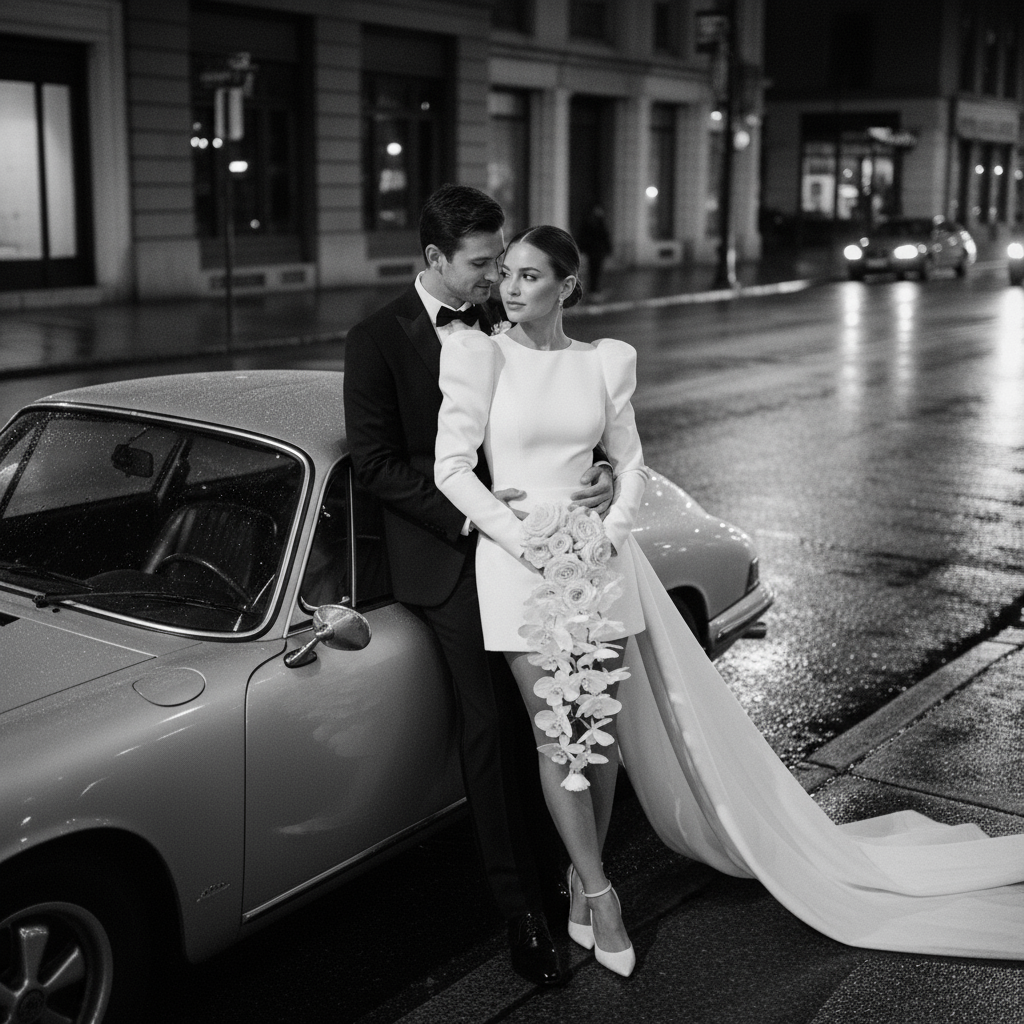 WEDDING PHOTOGRAPHY NIGHT CAR SESSION BLACK WHITE LEICA